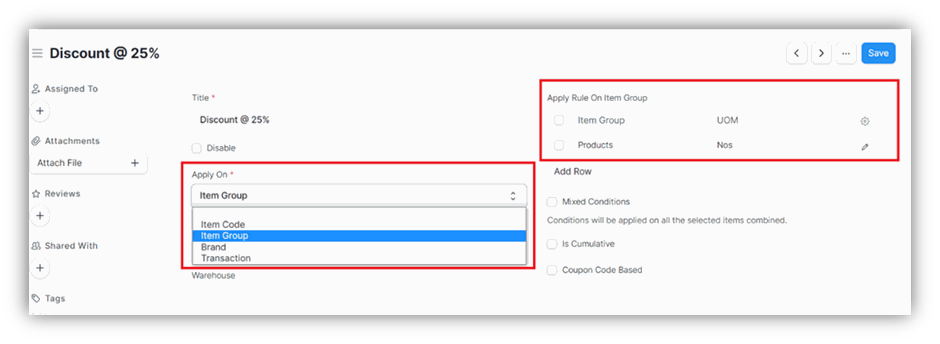 Create Pricing Rules in ERPNext select item group