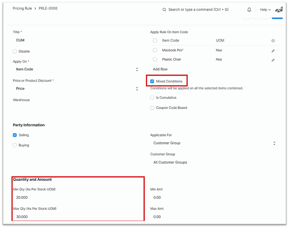 mixed condition pricing rule in erpnext