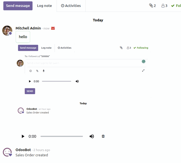 Send Voice Message - Odoo App message sent