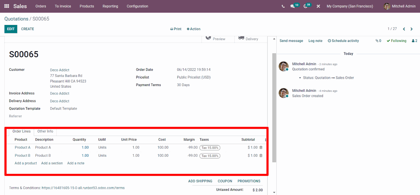 Inventory Landed Costs in Odoo Create Sale Order and add Product and cost