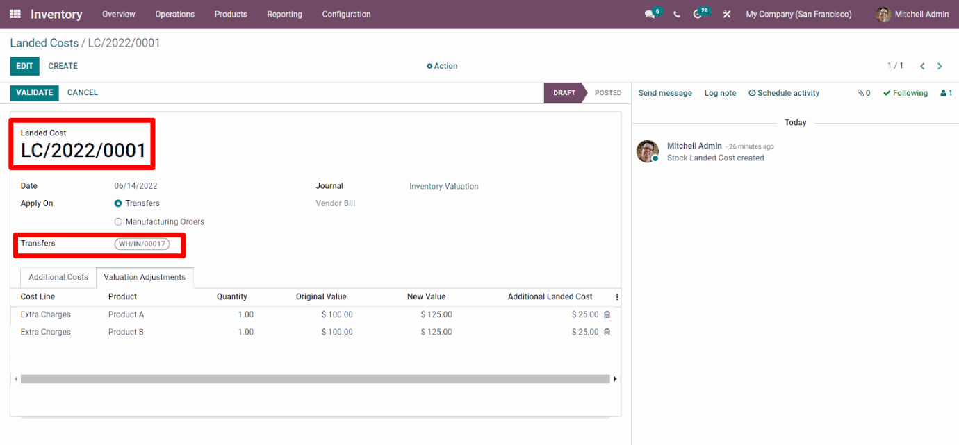 Inventory Landed Cost in Odoo Create Purchase Order and applied receipt number on landed cost