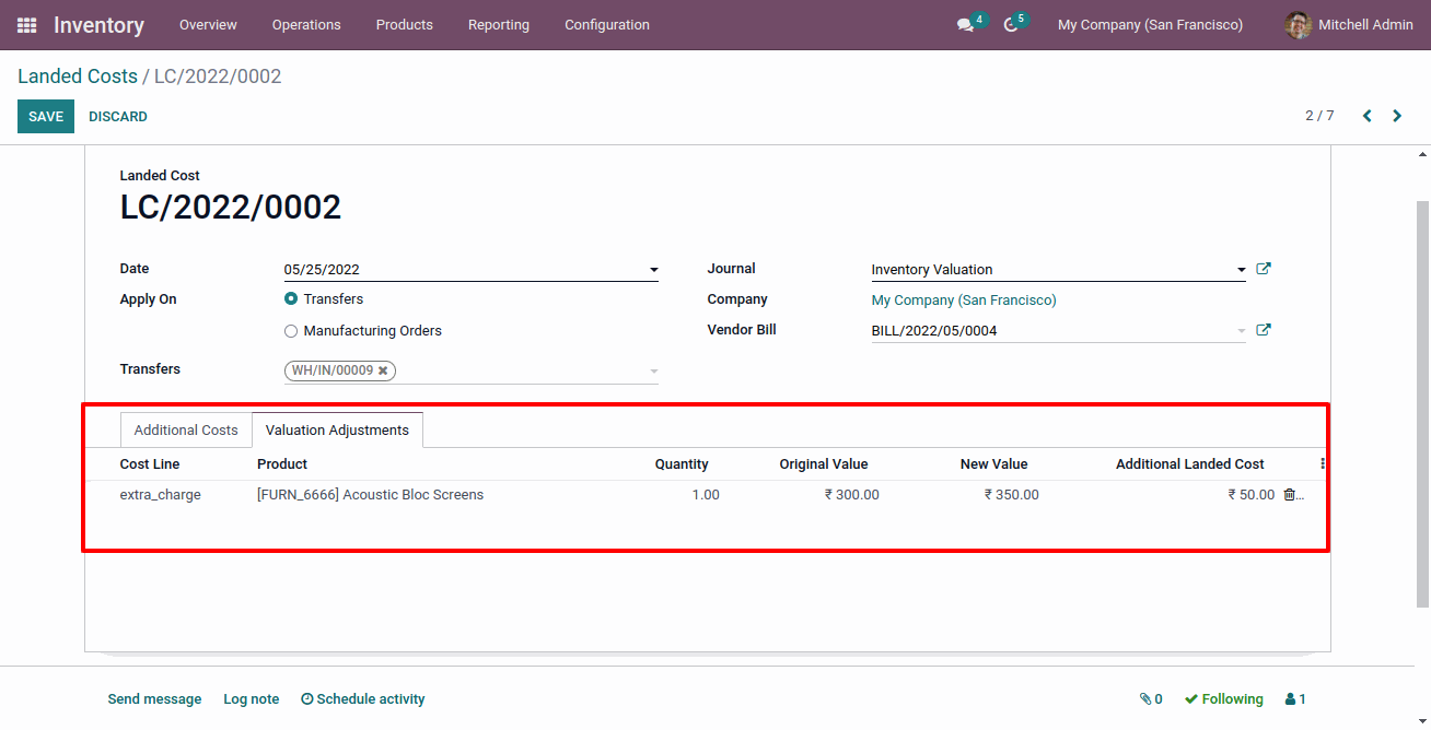 Inventory Landed Costs in Odoo Landed Cost - By Volume