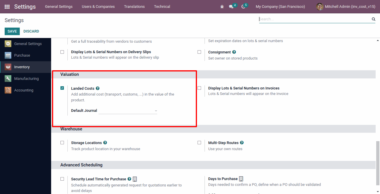 Inventory Landed Costs in Odoo Landed Cost Configuration