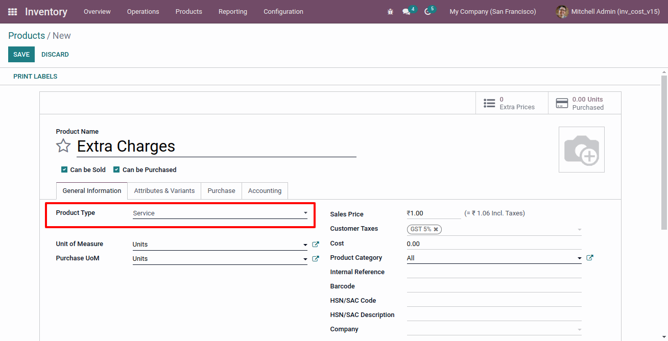 Inventory Landed Costs in Odoo Landed Cost: Create New Product