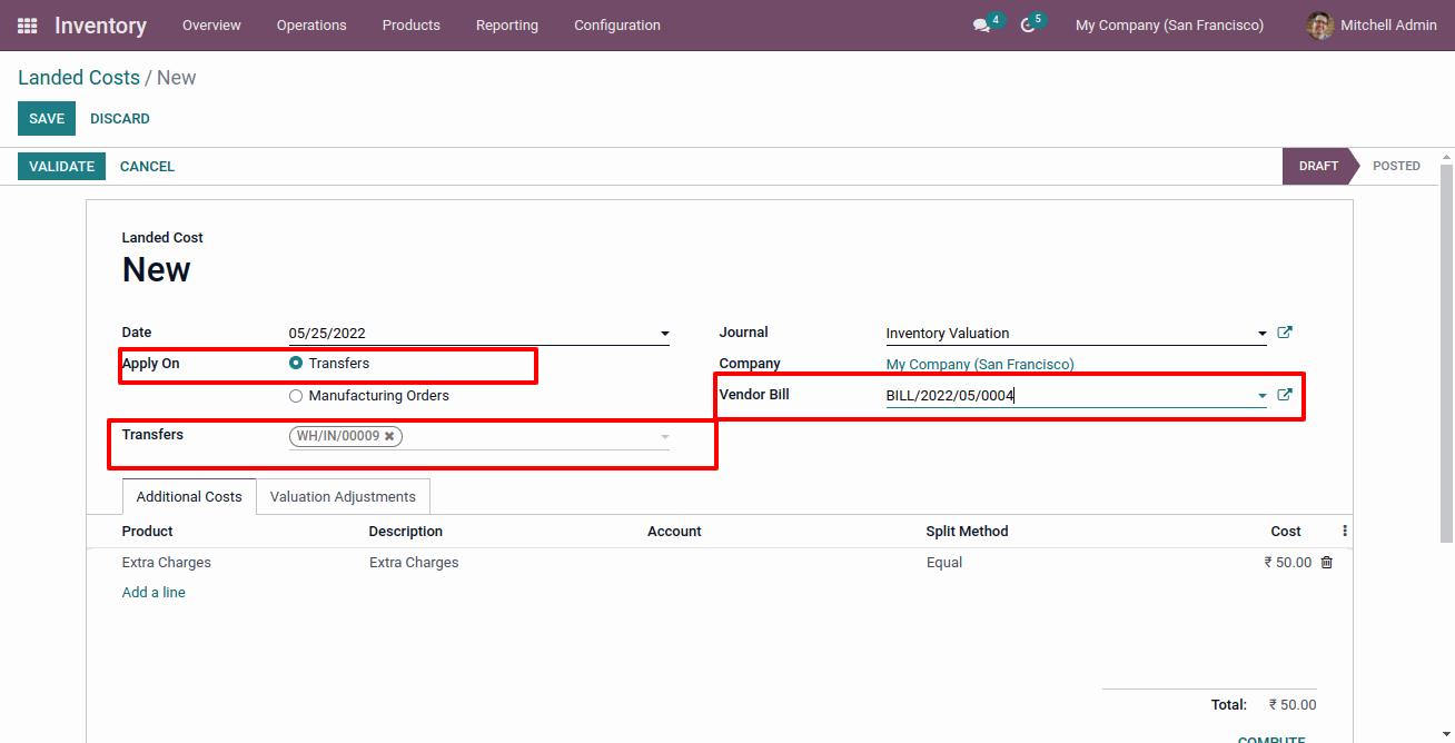 Inventory Landed Costs in Odoo Landed Cost for Transfer