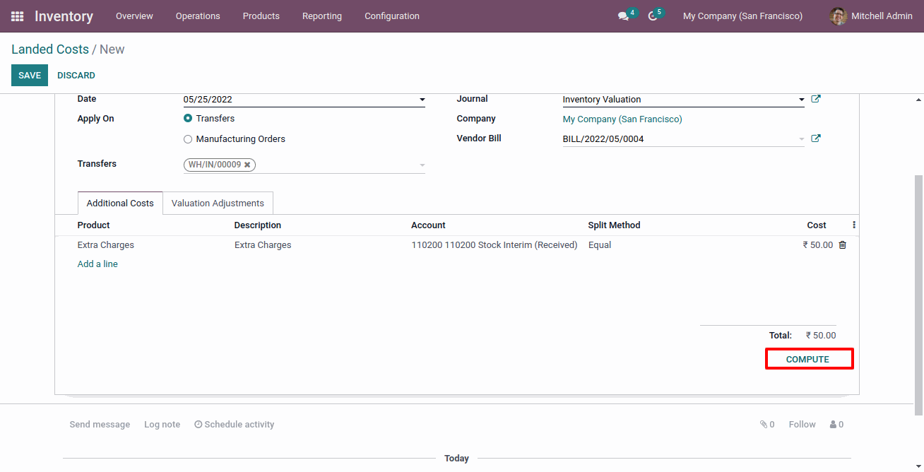 Inventory Landed Cost in Odoo Landed Cost for Transfer : Valuation Adjustment