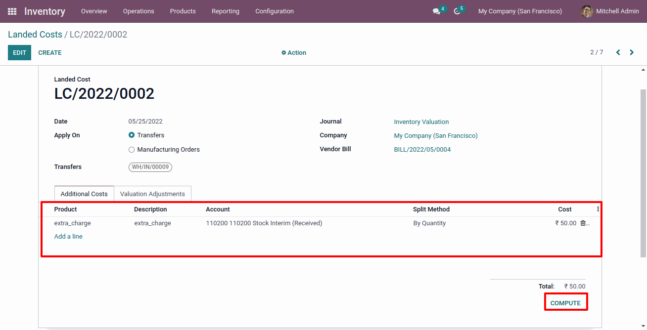 Inventory Landed Costs in Odoo Landed Cost - By Quantity