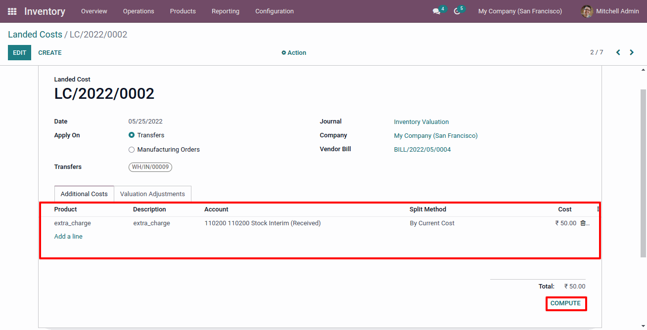 Inventory Landed Costs in Odoo Landed Cost - By Current Cost