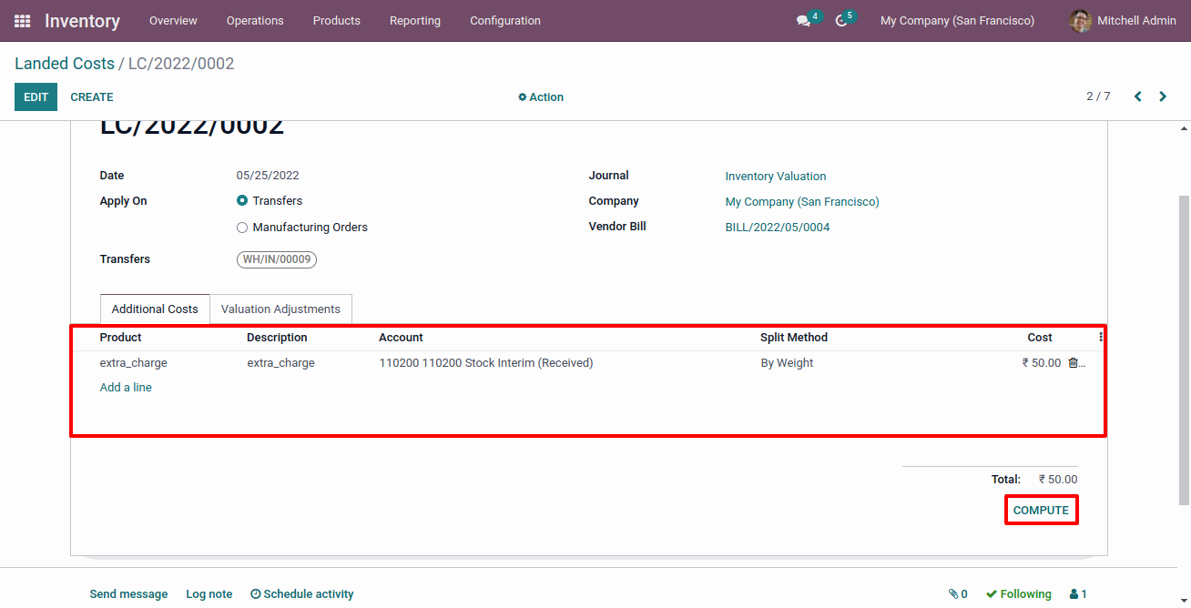 Inventory Landed Costs in Odoo Landed Cost - By Weight