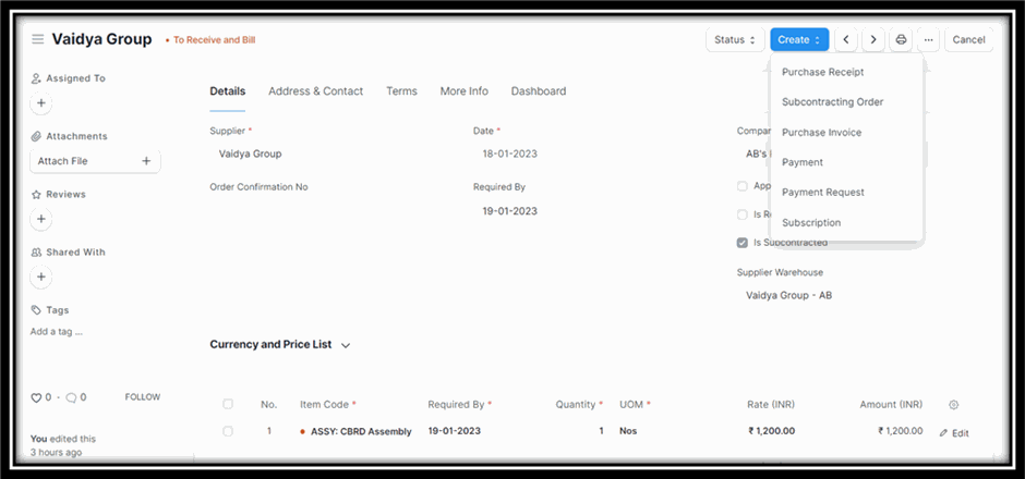 Creating Subcontracting Order