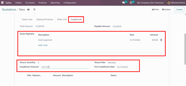 Payments Installments Module Enter down payment amount