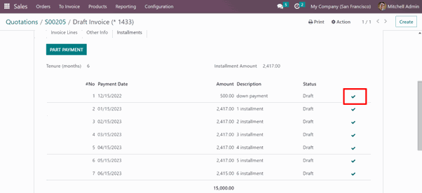 Payments Installments Module Click on tick to make payment