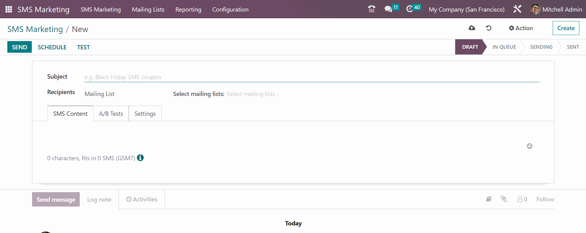 SMS Marketing In Odoo Create Button