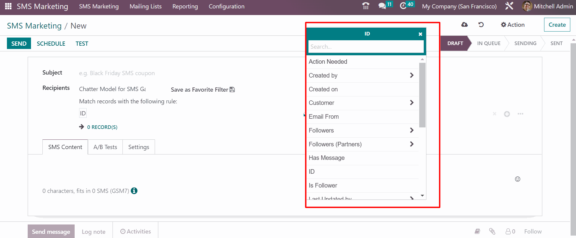 SMS Marketing In Odoo Filter target audience