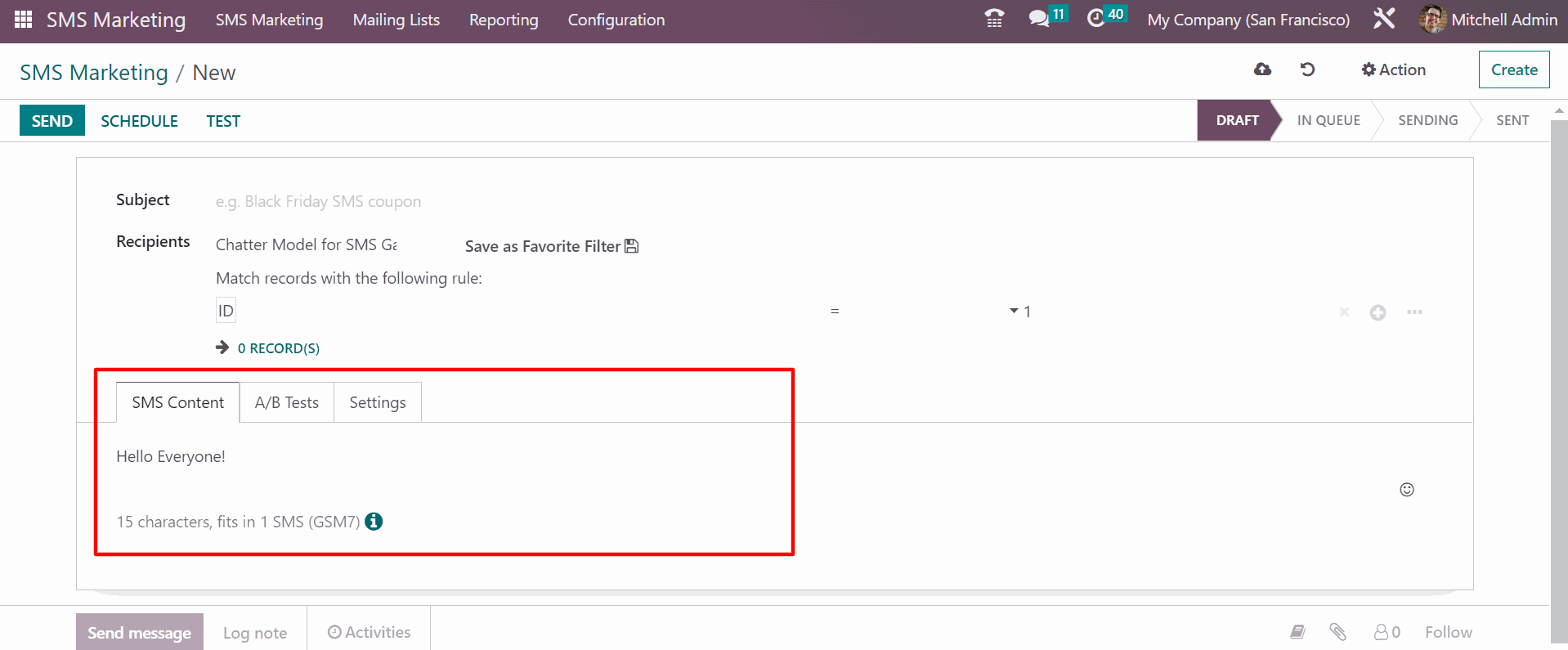 SMS Marketing In Odoo write content