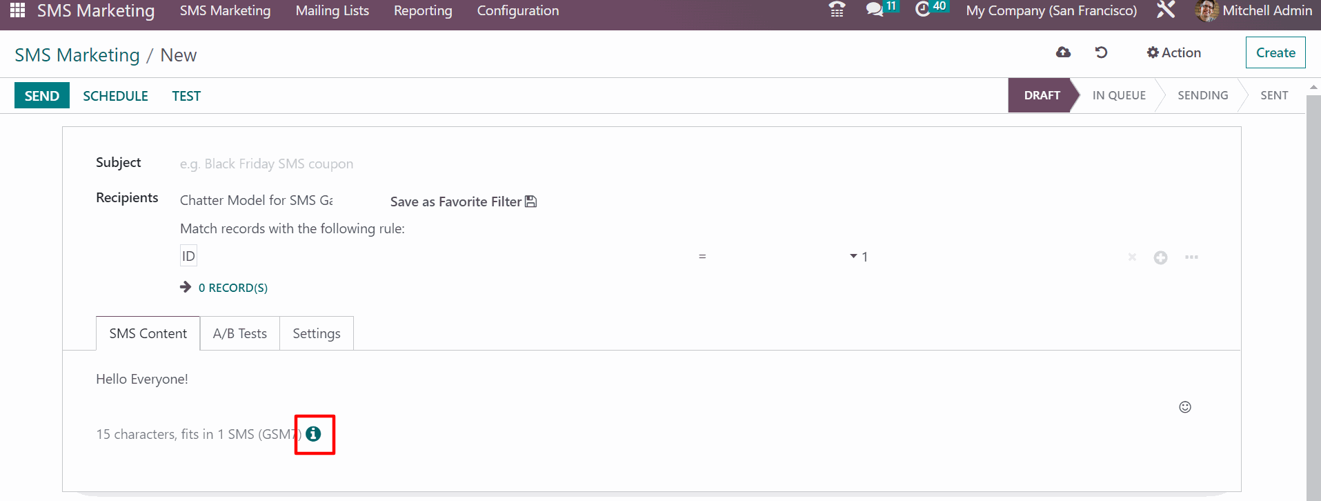 SMS Marketing In Odoo Click "information"