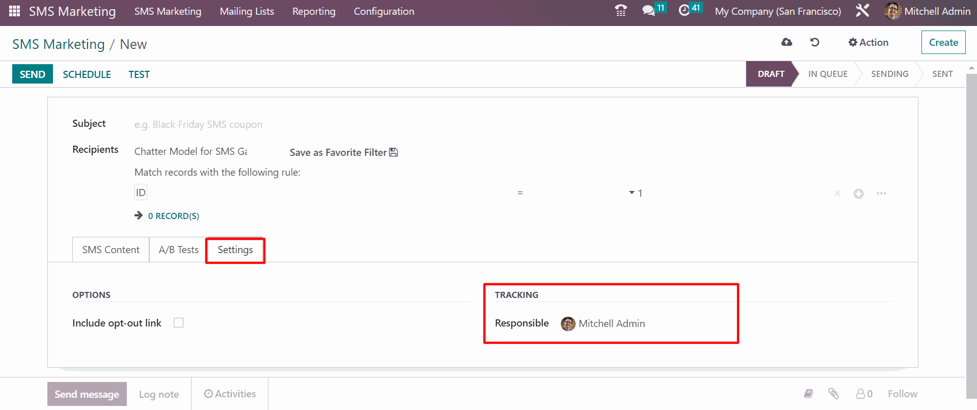 SMS Marketing In Odoo setting 'tab'