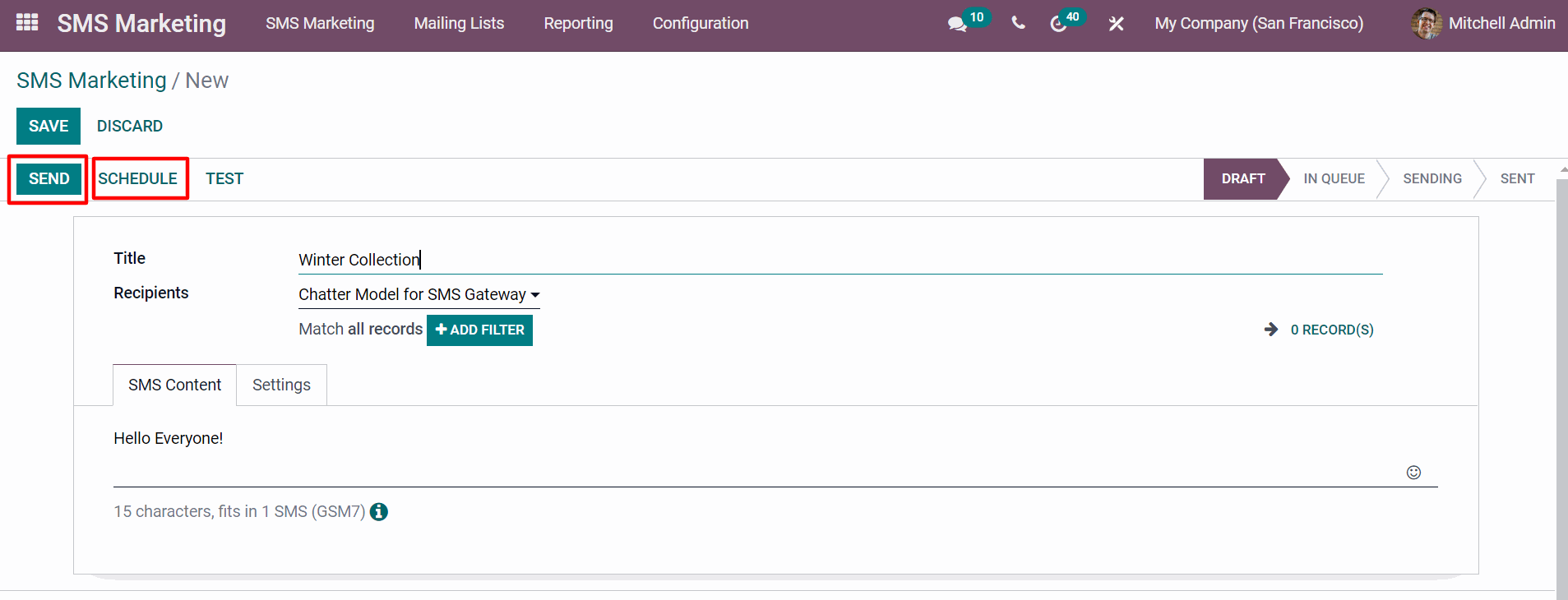 SMS Marketing In Odoo Schedule time