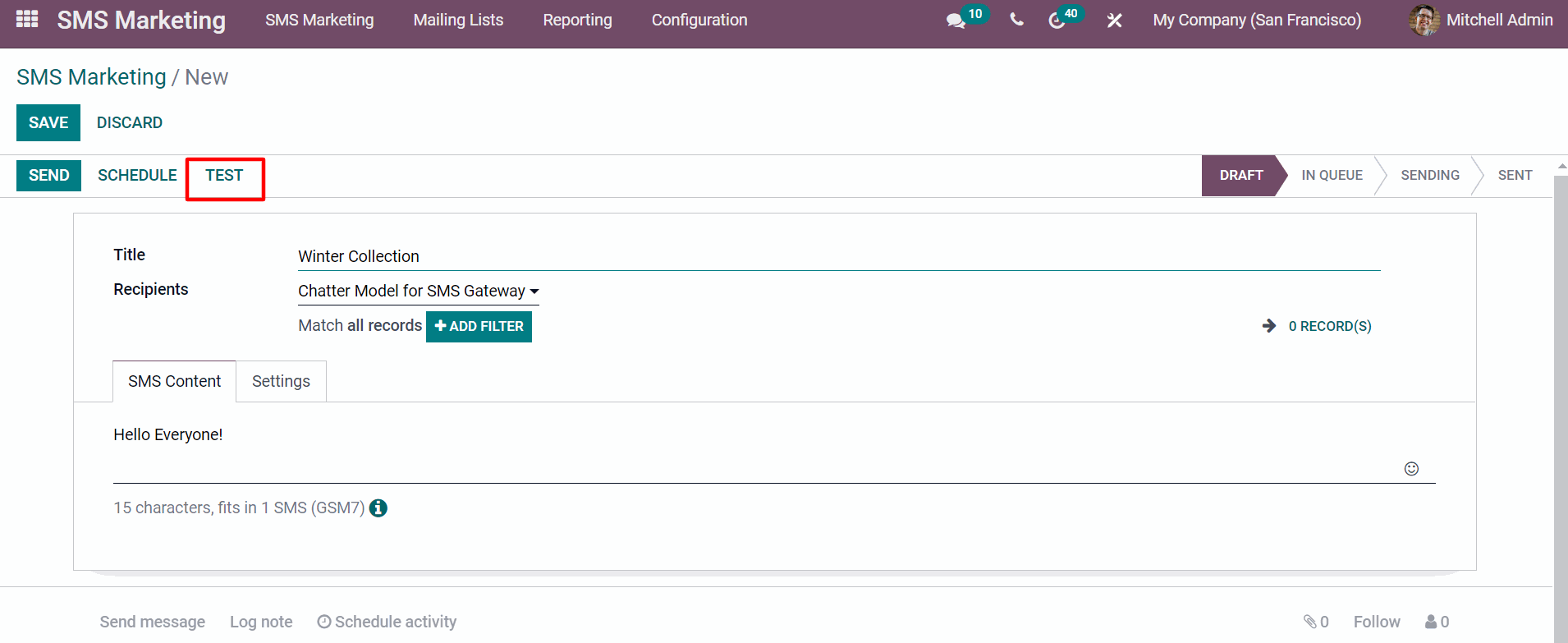 SMS Marketing In Odoo Test option