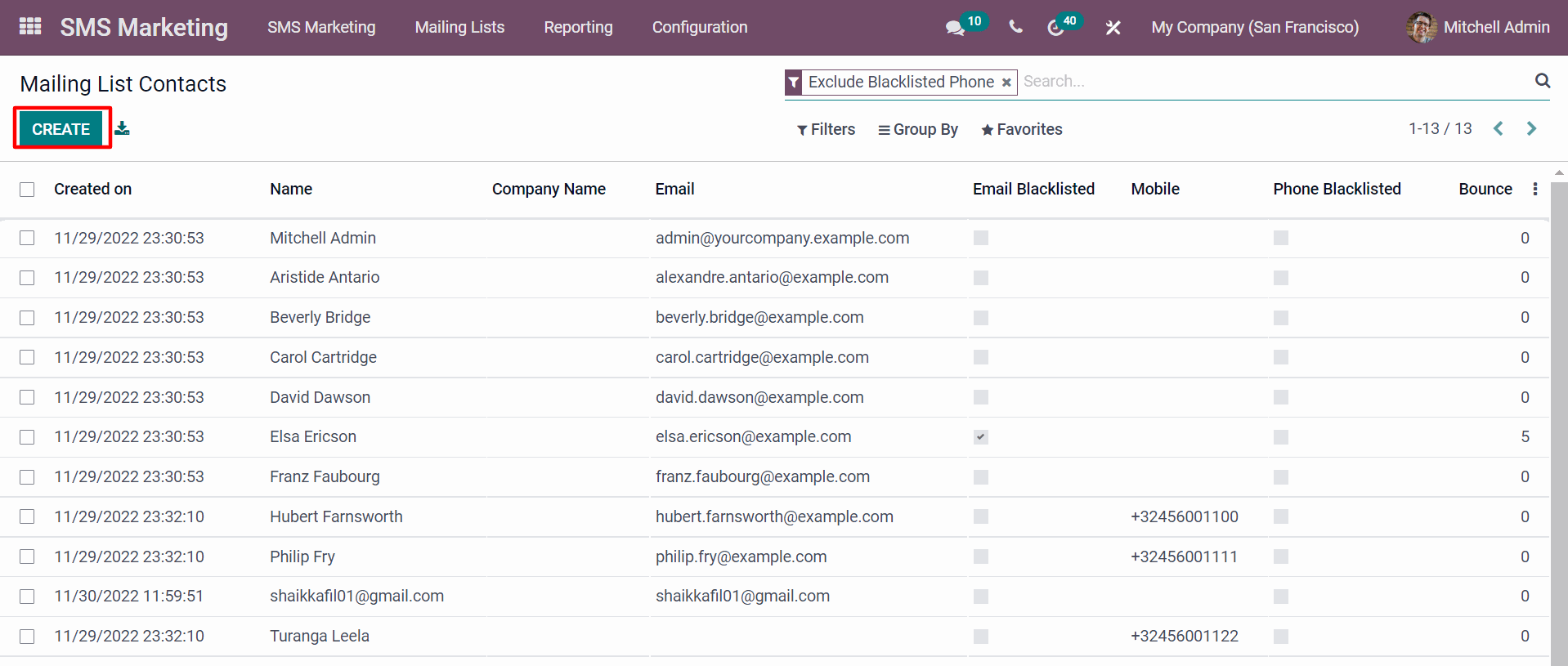SMS Marketing In Odoo Create button