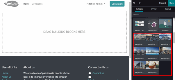 Display of various slider options in the Website Slider Snippet Odoo module Display of various slider options in the Website Slider Snippet Odoo module