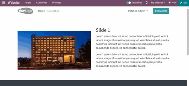 Slider One in the Website Slider Snippet Odoo module, showcasing an image on the left side and text on the right Slider One in the Website Slider Snippet Odoo module, showcasing an image on the left side and text on the right