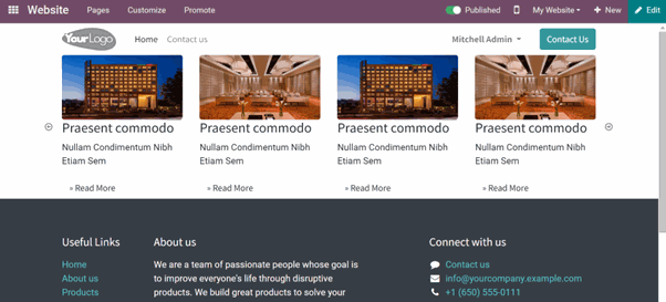 Style Three in the Website Slider Snippet Odoo module, displaying a row of four image blocks, each with a heading and subheading below the image Style Three in the Website Slider Snippet Odoo module, displaying a row of four image blocks, each with a heading and subheading below the image