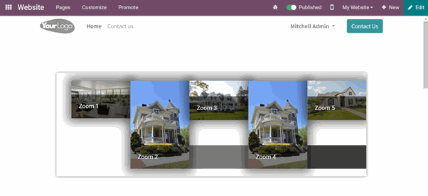 Style Six in the Website Slider Snippet Odoo module, displaying a zoom effect on images when hovered over Style Six in the Website Slider Snippet Odoo module, displaying a zoom effect on images when hovered over