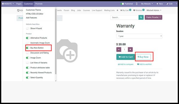 Buy Now Button in Ecommerce: Odoo 13