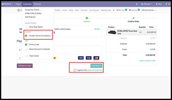 Enable terms & conditions in Odoo eCommerce payment option