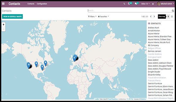 Partner map view introduced for contacts in Enterprise: Odoo 13