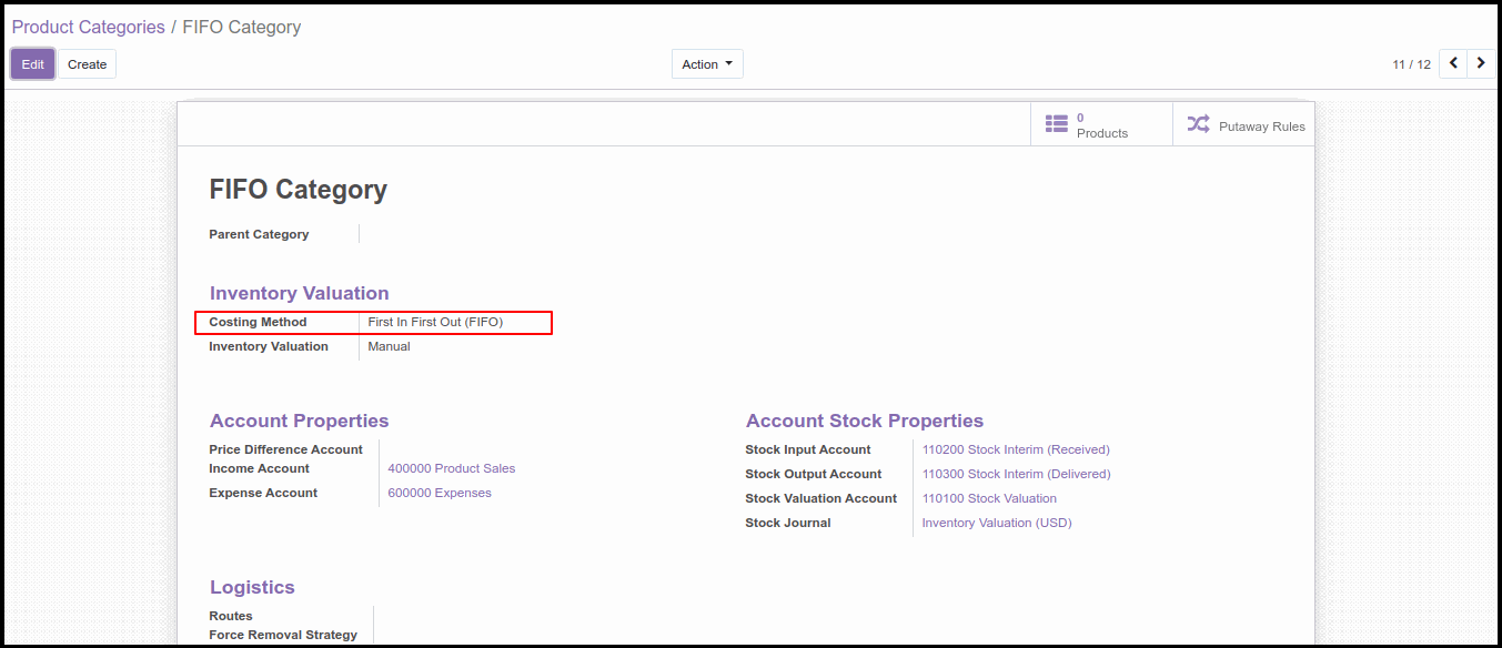 Costing Methods and Inventory Valuation in Odoo13 Second Costing Method Option in Odoo: FIFO