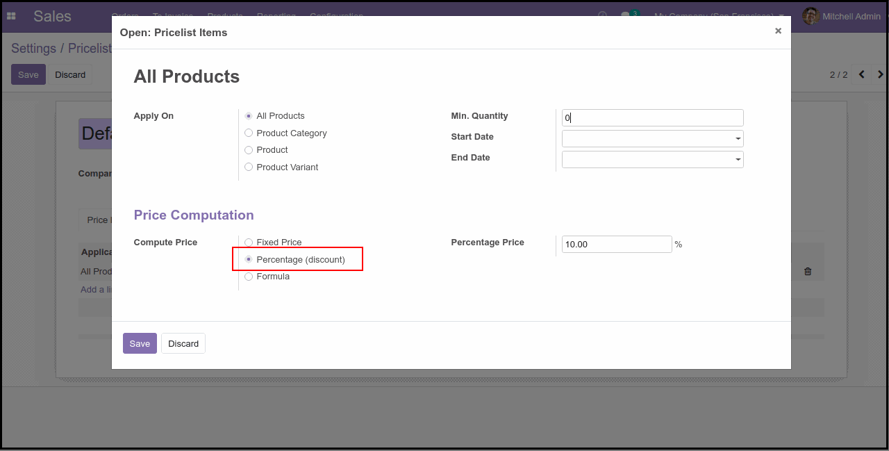 How to Configure Pricelists in Odoo set a discount percentage for the products