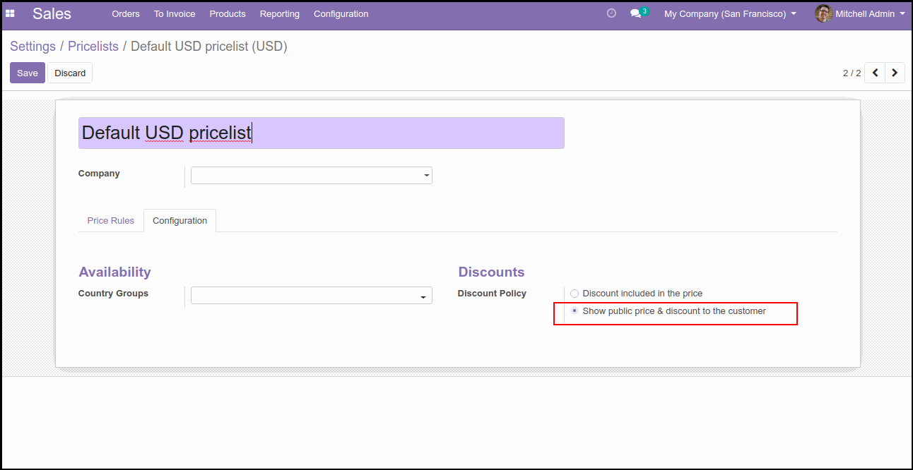How to Configure Pricelists in Odoo set a discount percentage for the products