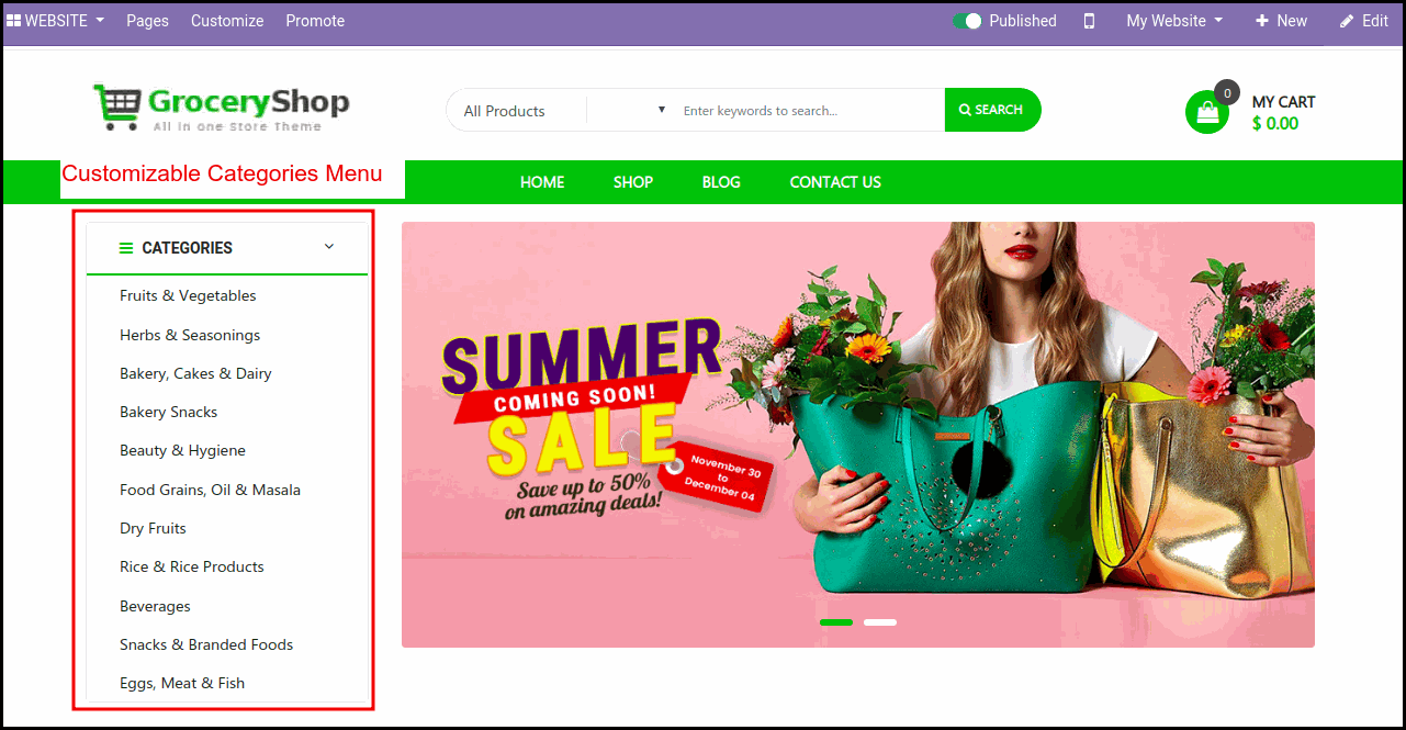 Odoo  Grocery Theme for Ecommerce Store: Customizable Categories