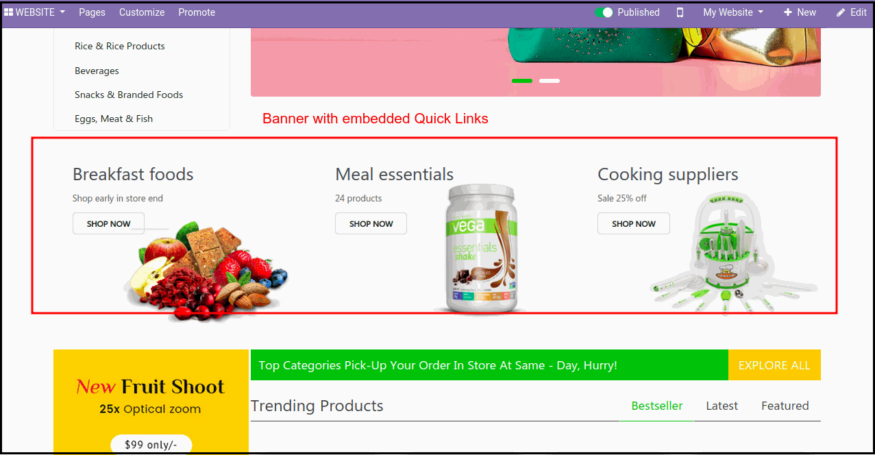 Odoo  Grocery Theme for Ecommerce Store: Quick Banner Links