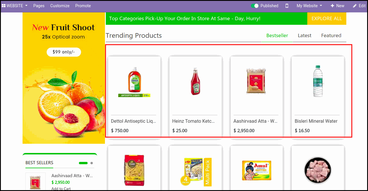 Odoo  Grocery Theme for Ecommerce Store: Display Trending Products