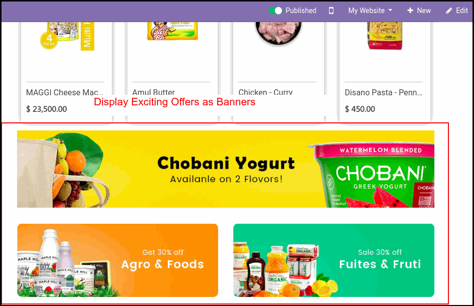 Odoo  Grocery Theme for Ecommerce Store: Display Offers on Banners