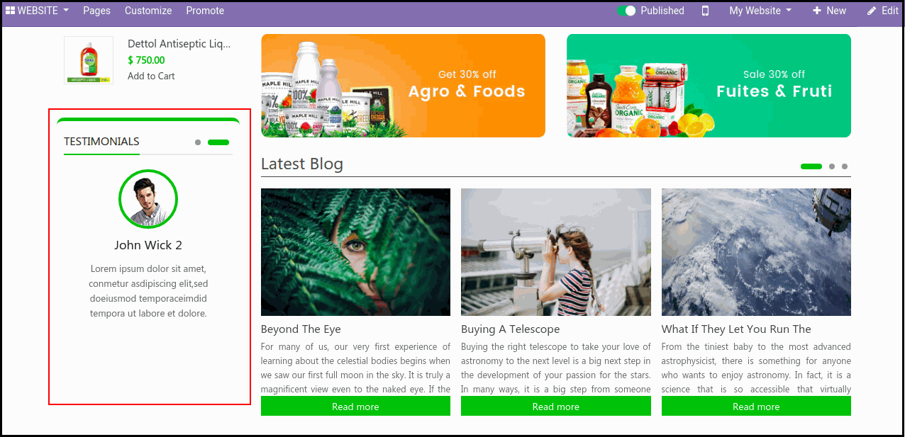 Odoo  Grocery Theme for Ecommerce Store: Display Customer Testimonials