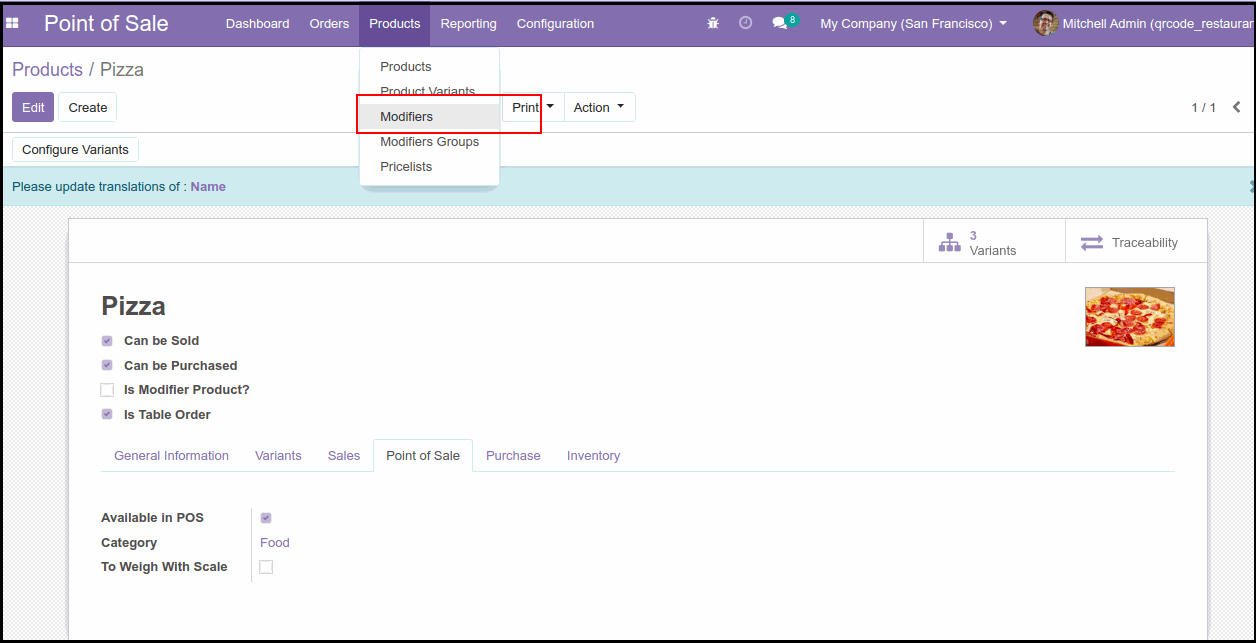 POS Table Order QR Code: Odoo Module After Configure POS Table Order QR Code Module : Product Modifiers