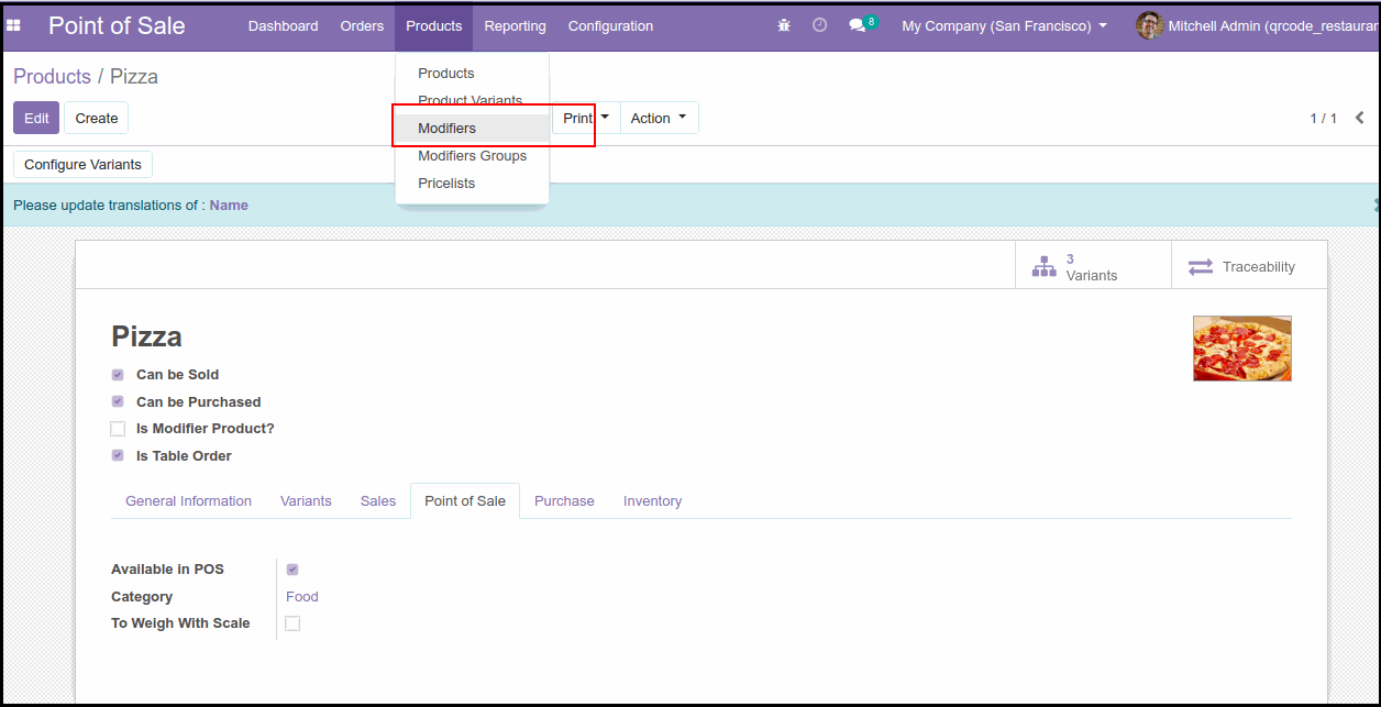 After Configure POS Table Order QR Code Module : Product Modifiers