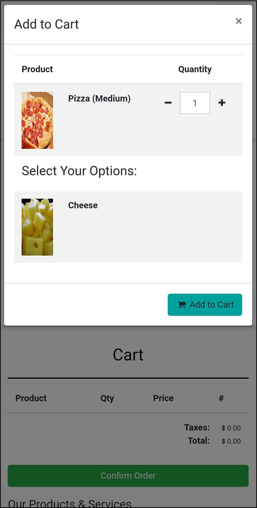 POS Table Order QR Code: Odoo Module Example: Let us Add Pizza to the Order and select Quantity