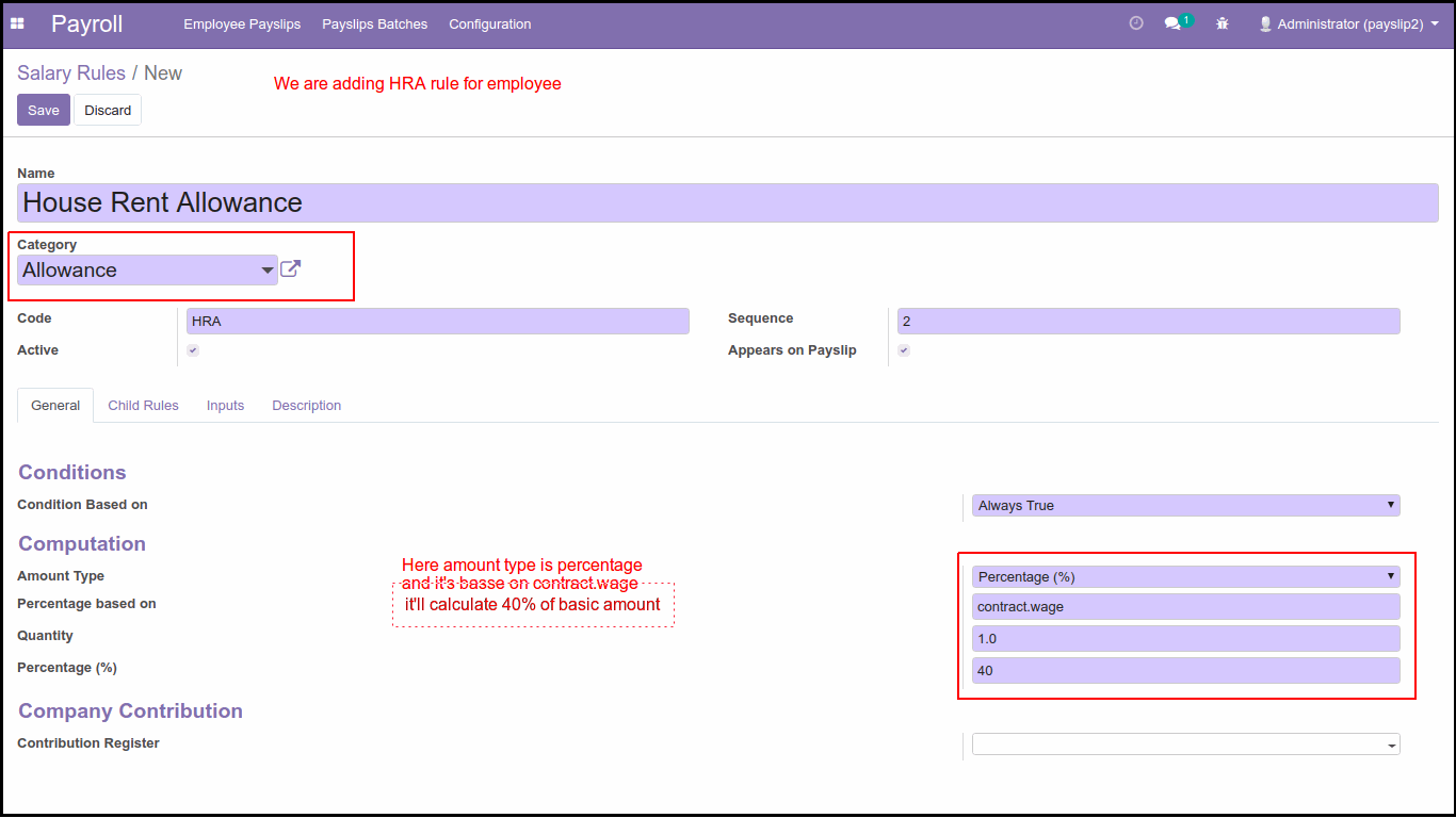 How To Configure Advance Salary Rules In Odoo Create Salary Rules from Config Menu of HR Payroll Apps : House Rent Allowance