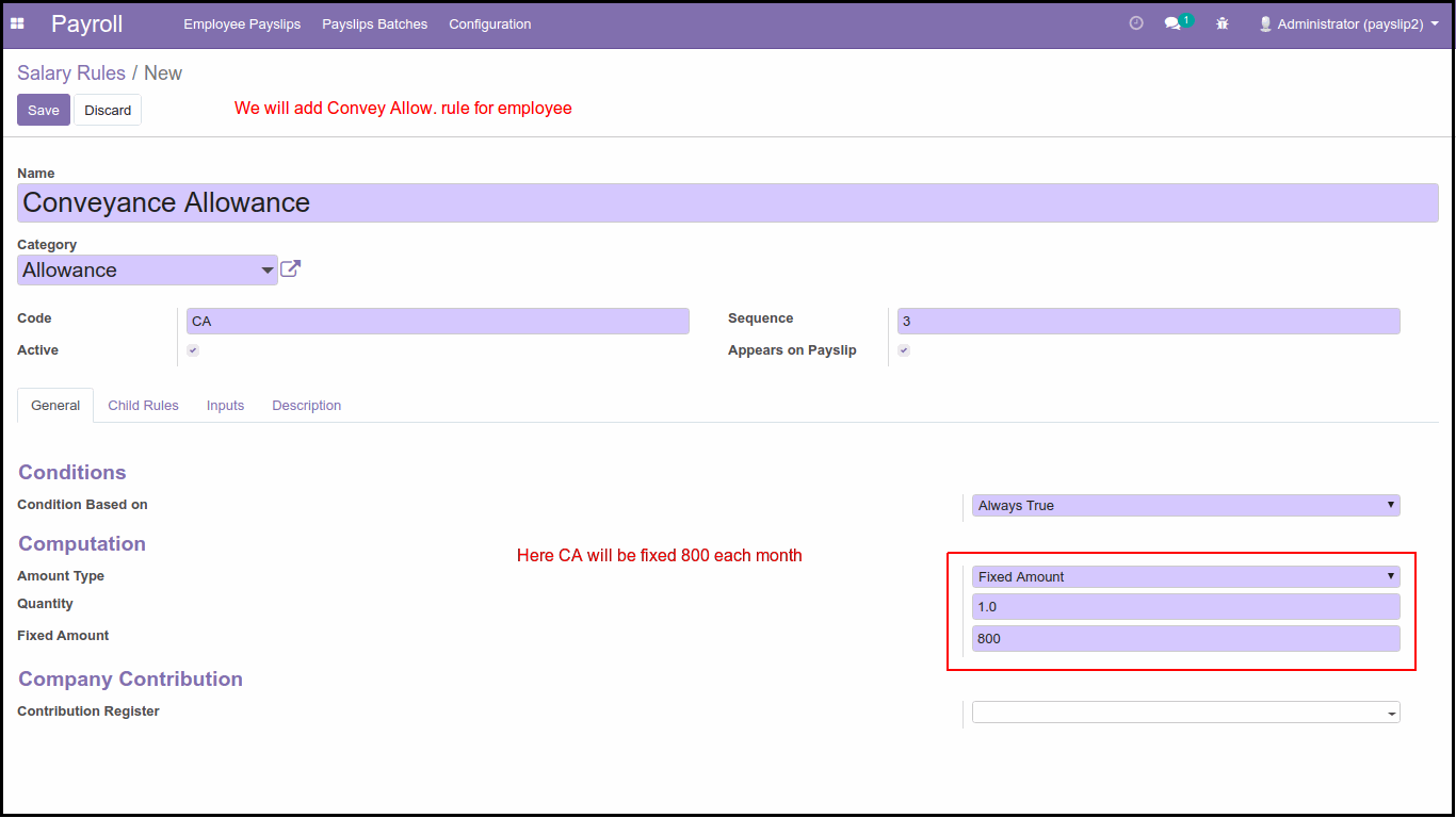 How To Configure Advance Salary Rules In Odoo Create Salary Rules from Config Menu of HR Payroll Apps: Conveyance Allowance Rule