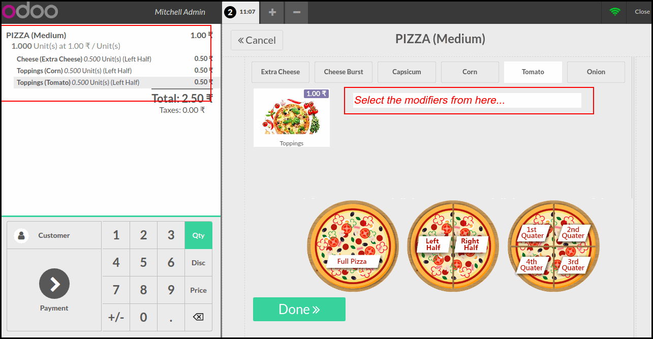 Odoo POS Pizza Modifiers Module How Odoo POS Pizza Modifiers Module Works : POS Session