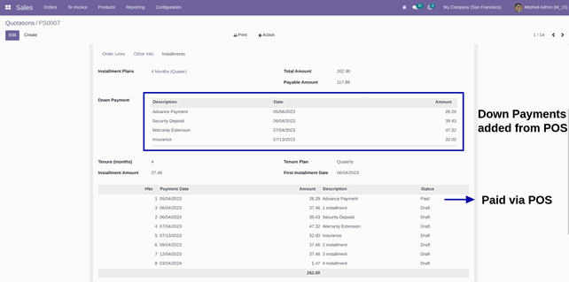 POS Payment Installment Module In Odoo Backend Quotation and Invoice created - Odoo
