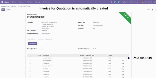 POS Payment Installment Module In Odoo Backend Quotation and Invoice created - Odoo