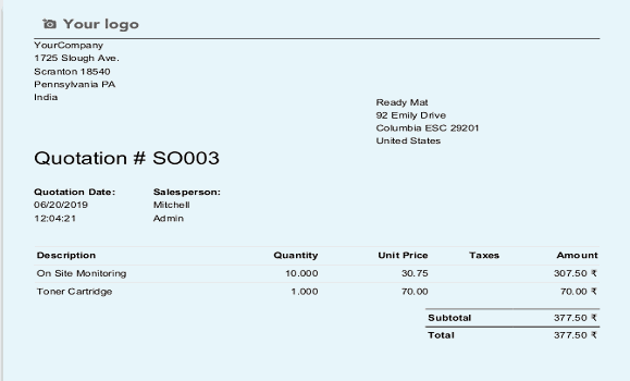 Standard Quotation & Invoicing Report Printed by Odoo