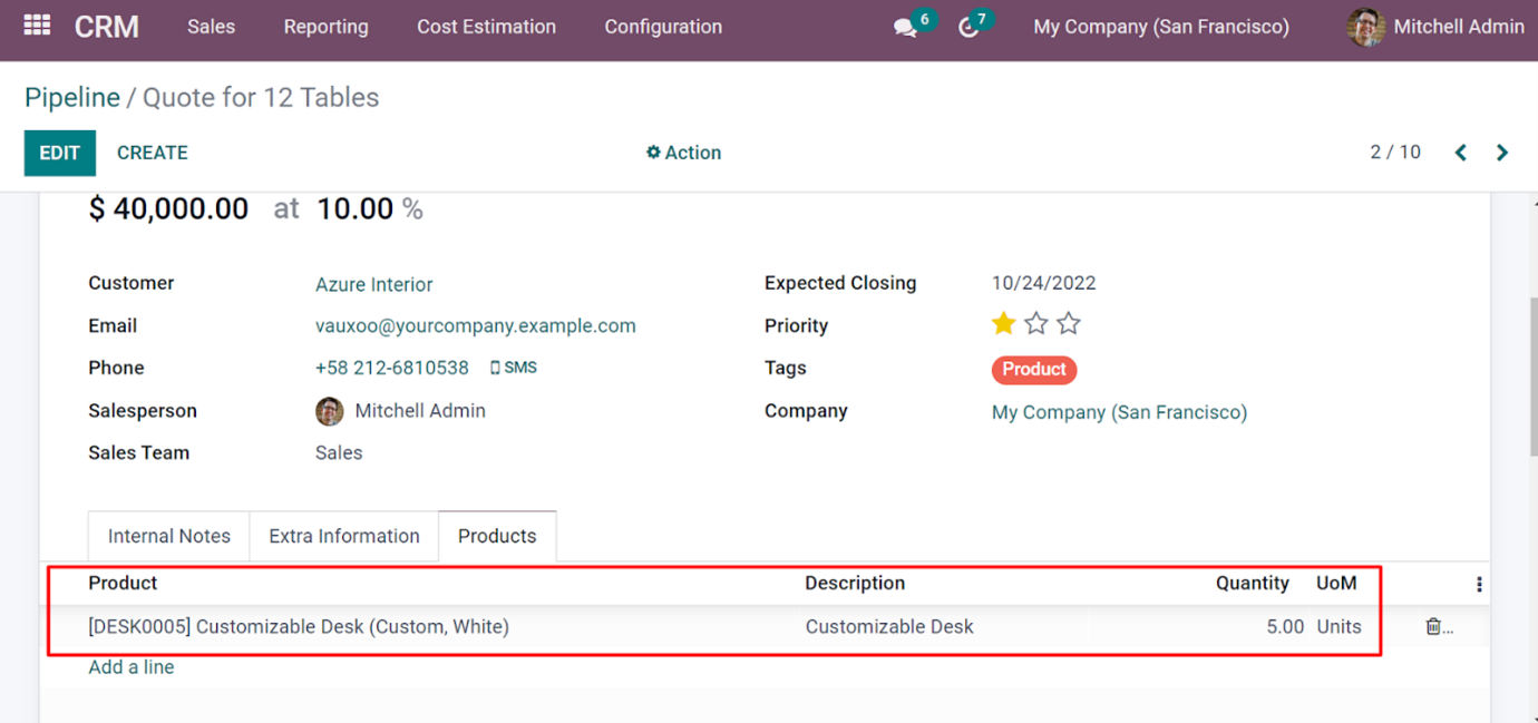 add product details to generate cost estimation