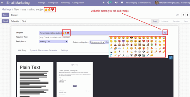 List of Odoo 14 Features Widget for Emojis on Char and Text Field
